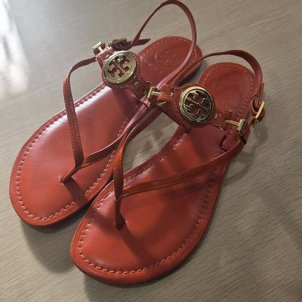 Tory Burch Miller Patent Leather Logo Sandals Orange Gold Size 6.5 M